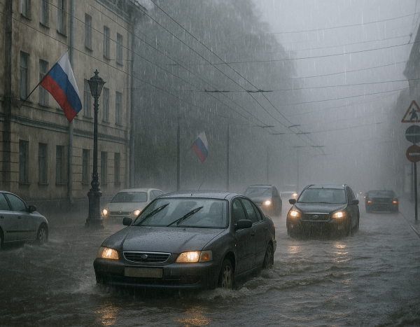 Улицы в России во время сильного дождя как пример форс-мажора